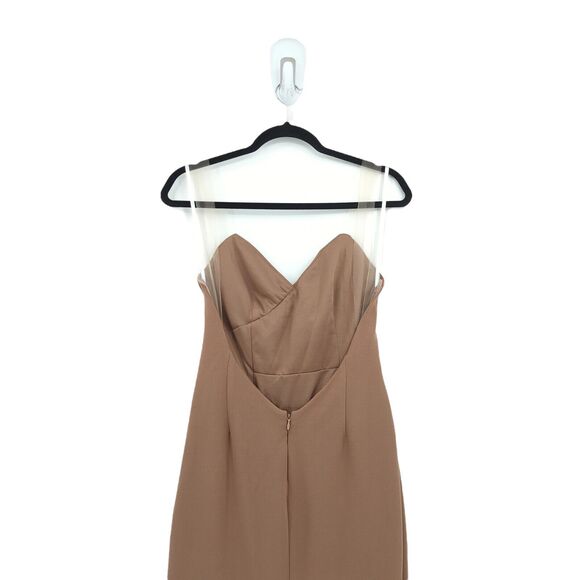 Katie May Women S Colette Gown Maxi Dress Cocoa Brown Sheer Bone Ruche Slit FLAW - Picture 10 of 11
